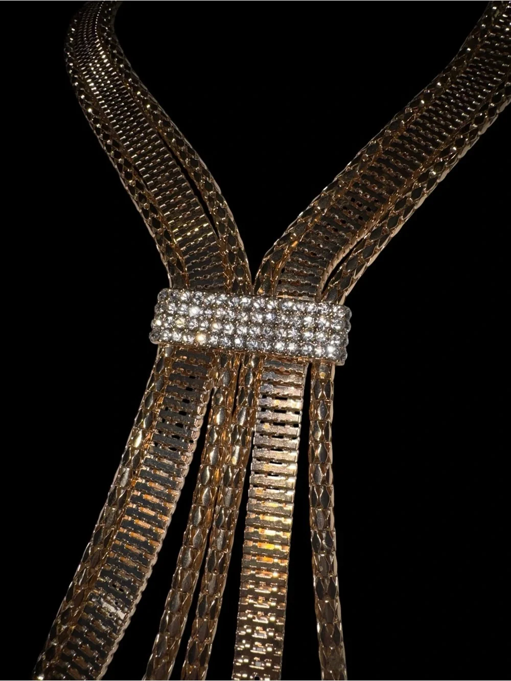 Unique Gold Multiple Liquid Design Layers w/ Crystal Bar Statement Necklace